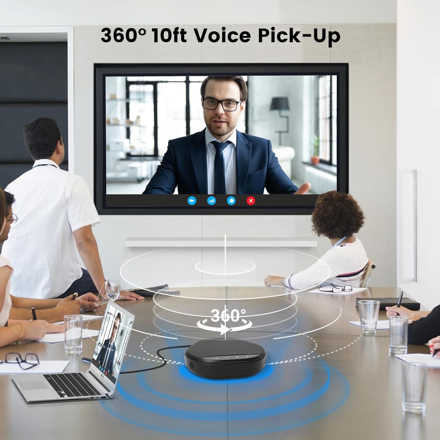Conference Speakerphone with 360° Voice Pickup, AI Noise Reduction & Echo Cancellation, USB Plug and Play Desktop Microphone Speaker for Zoom, Teams, Skype, Home Office & Online Meetings